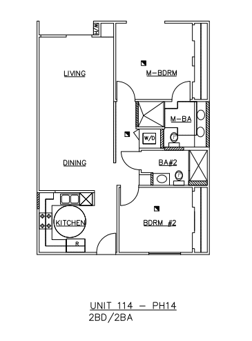 Floor plan for 2 beds, 2 baths, 965 sqft